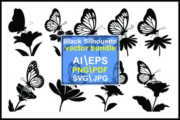 Silhouette Butterflies on Flowers Nature: Elegant Design Assets